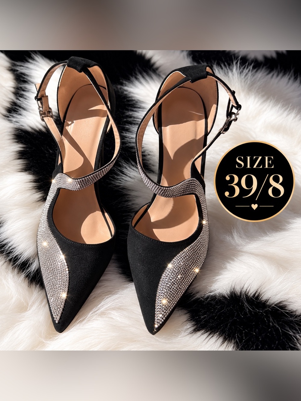 Black Rhinestone Pointed-Toe Heels – Size 39 / US 8, Like New